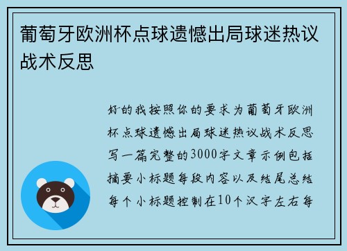 葡萄牙欧洲杯点球遗憾出局球迷热议战术反思