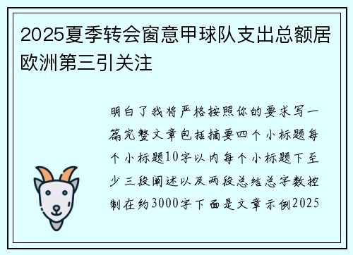 2025夏季转会窗意甲球队支出总额居欧洲第三引关注