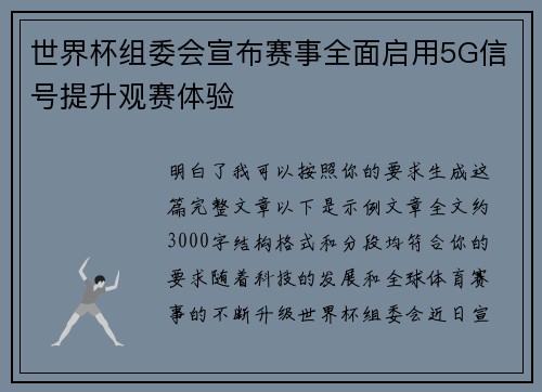 世界杯组委会宣布赛事全面启用5G信号提升观赛体验
